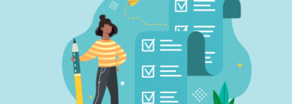 Illustration of a woman holding a giant pencil, standing beside long checklists with completed boxes. A small potted plant sits on the ground, and a paper airplane flies in the background, symbolizing productivity and goal setting.