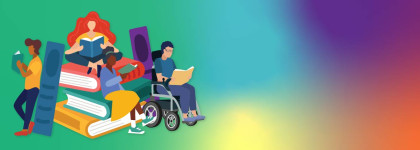 Illustration of diverse people reading books, including a person using a wheelchair, a child sitting on a stack of oversized books, and others standing or sitting while reading. The background is a gradient blend of green, teal, purple, orange, and yellow