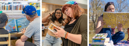 A collage of three photos showing people reading books.