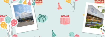 Festive graphic with a light blue background decorated with illustrated balloons, cakes, presents, and party hats. Two Polaroid-style photos are featured — one on the left showing the exterior of a modern library building, and one on the right showing ano