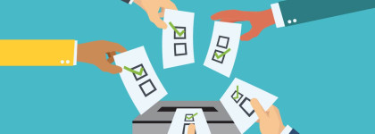 Illustration of five hands placing completed ballots with green checkmarks into a ballot box, symbolizing voting in an election.