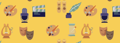Graphics of various creative symbols such as theatre masks, a paint pallet and a harp.