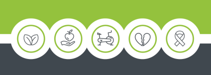 Five icons representing different aspects of health on a green and black background.