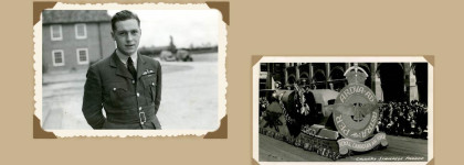 Two vintage photos on a beige background: one shows a Royal Canadian Air Force pilot standing outdoors in uniform, and the other depicts an RCAF parade float in the Calgary Stampede Parade with crowds watching.