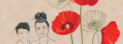 Illustrated portrait of two smiling people beside a group of bright red and pale poppy flowers on a soft beige floral background.