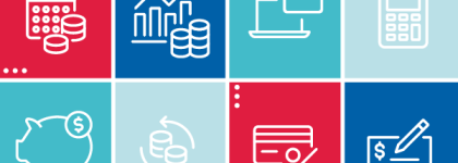 Grid of financial icons including a calendar with coins, growth chart, laptop with credit card, calculator, piggy bank, coin exchange, credit card with percent sign, and check being signed.