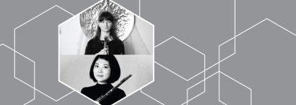 Black-and-white graphic featuring two musicians holding flutes, each in separate hexagonal frames stacked vertically. The background is grey with an overlapping pattern of white geometric hexagon outlines.