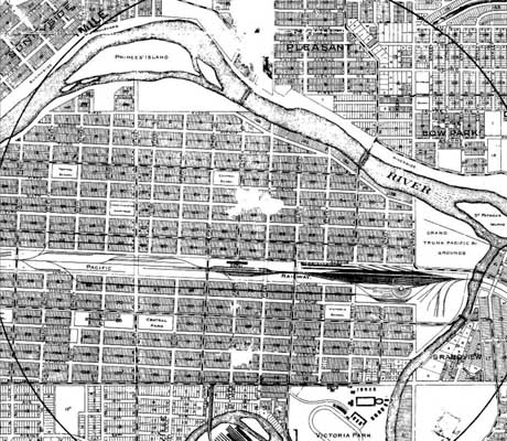 A historical map of Calgary showing the downtown area and surrounding neighbourhoods.