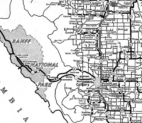 A road map of southern Alberta, highlighting major highways, towns, and Banff National Park.