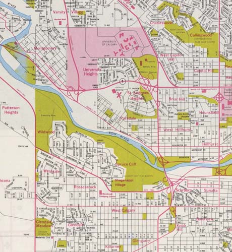 A detailed map of Calgary with color-coded sections, highlighting different neighbourhoods, major roads, and the Bow River.