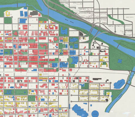 A map of Calgary's downtown core with different colours representing various land uses.