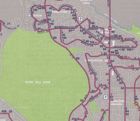 A close-up map of a Calgary Neighbourhood with curving streets, a large park named Nose Hill Park and numbered roads.