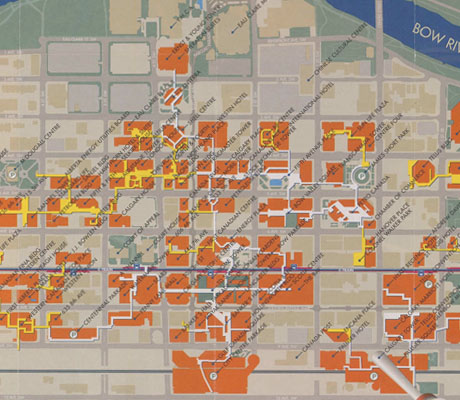 A map of Calgary's downtown core, with orange and yellow highlighting pedestrian walkways.