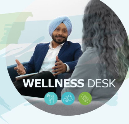 A photograph of a man sitting with a pen and notebook and talking to a woman. Wellness Desk is written over the image, and underneath is a visual of three different dots with icons inside them.