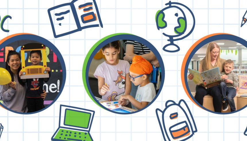 Graphic with a white grid background with illustrations of various school supplies. In the centre are three circles with photographs of people reading, and engaging in activities and events. 