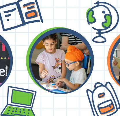 Graphic with a white grid background with illustrations of various school supplies. In the centre are three circles with photographs of people reading, and engaging in activities and events. 