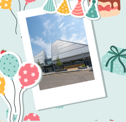 Festive graphic with a light blue background decorated with illustrated balloons, cakes, presents, and party hats. Two Polaroid-style photos are featured — one on the left showing the exterior of a modern library building, and one on the right showing ano