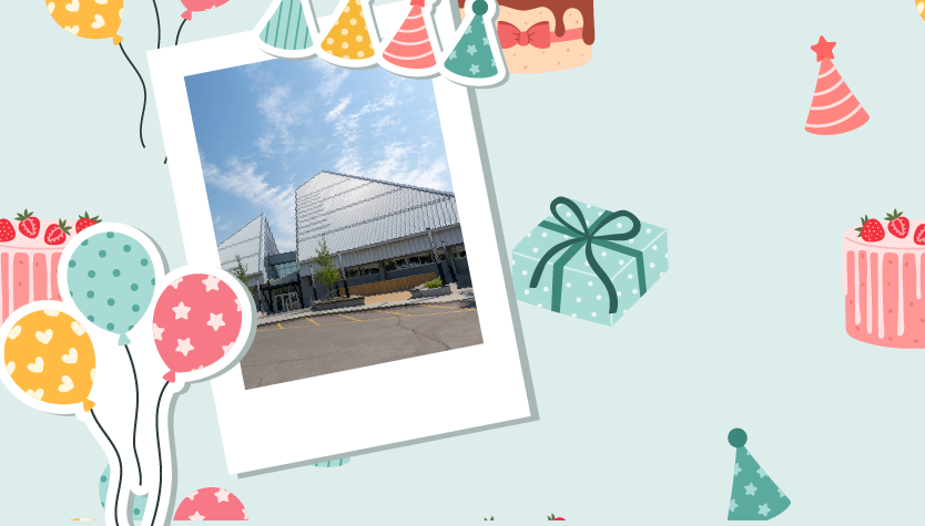 Festive graphic with a light blue background decorated with illustrated balloons, cakes, presents, and party hats. Two Polaroid-style photos are featured — one on the left showing the exterior of a modern library building, and one on the right showing ano