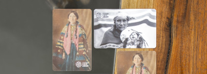 A photo of the Library membership cards available that feature family photographs of Tsuut'ina artist Glenna Cardinal.
