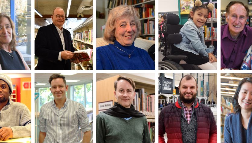 Fourteen portraits of people all standing in or in front of a Calgary Public Library location