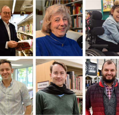 Fourteen portraits of people all standing in or in front of a Calgary Public Library location