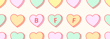 An illustration of candy hearts. The three in the middle have the letters BFF.