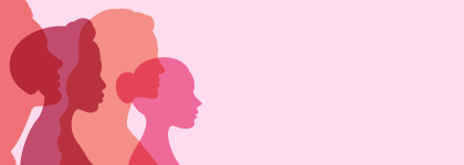 An illustration of four woman's silhouettes overlapping in pink and orange hues.