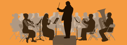 an illustration of an orchestra, the musicians are a silhouette and there is an orange background.