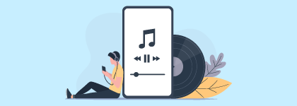 The image shows a person wearing headphones, sitting on the ground and using a mobile phone, listening to music. In the background, there is a large vinyl record, and leaves. There is also a large mobile phone displays music playback controls, including a