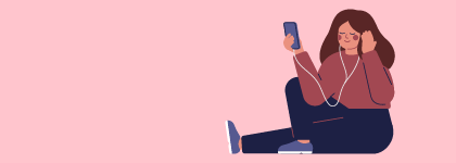 Illustration of a woman sitting on the floor and listening to music with her phone and using earphones.