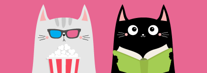 A graphic of two cats, one wearing 3D movie glasses and holding popcorn and the other reading a book.