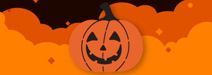 A graphic of a jack-o'-lantern. The background is orange fog against a black night.