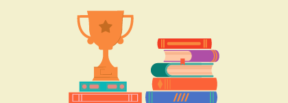 Illustration of a trophy on top of a stack of books with a stack of books beside it.