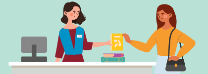 Illustration of a library employee showing a patron a book with a yellow cover.