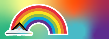 Illustration of a rainbow arching over an open book with a gradient background of green, red, and purple colors