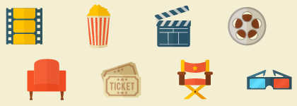 Icons of movie elements including a filmstrip, popcorn, clapperboard, film reel, theater seat, movie tickets, director's chair, and 3D glasses on a beige background.