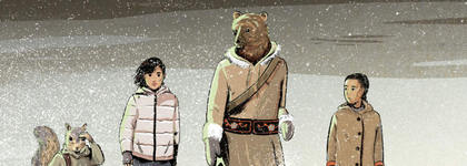 A snowy landscape with four different avatars. A squirrel, a teenager, a bear humanoid and a little girl. 