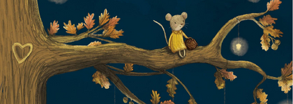 A picture of a tree with a little mouse sitting atop it with a hand on a tiny brown acorn.