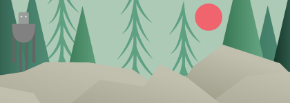 A graphic of a forest with a red sun and a robot.