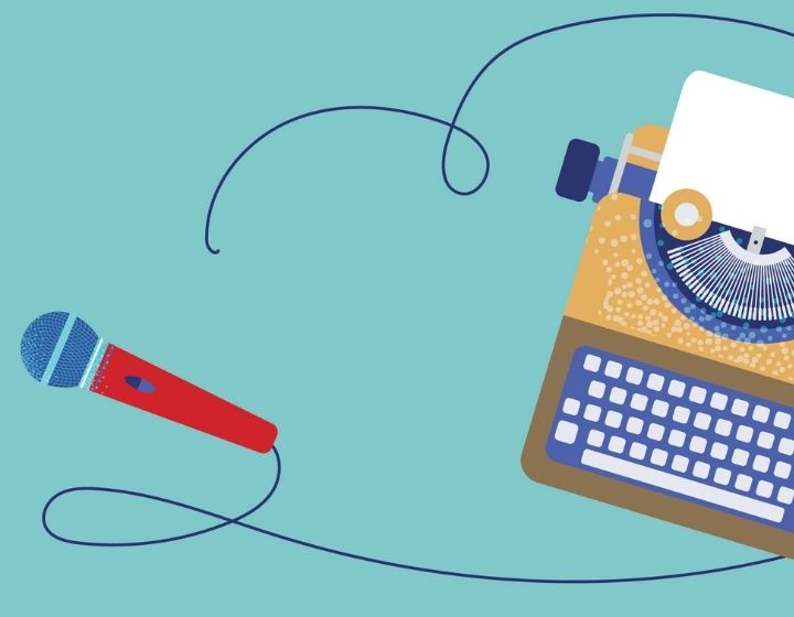 background image: A illustration of a typewriter on a teal background and attached to the typewriter is a cord that is attached to a microphone.