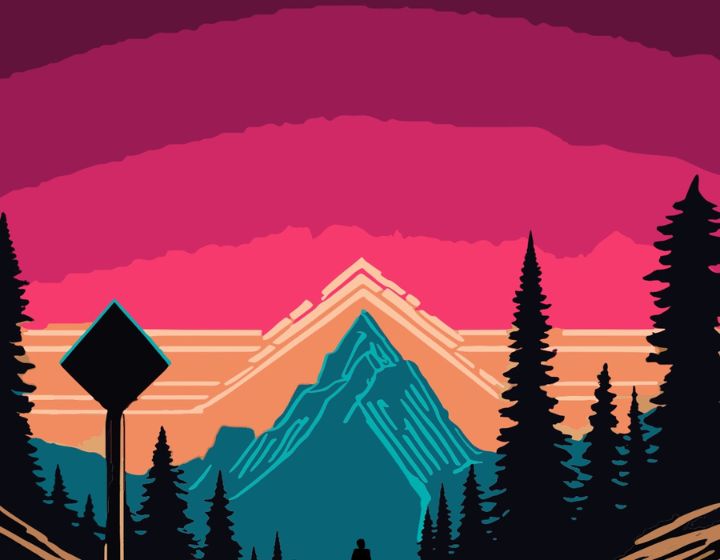 background image: An illustration of a  landscape with a vibrant sunset or sunrise in the background, featuring deep shades of purple, pink, and orange. In the foreground, there are silhouettes of tall pine trees, a road sign, and a mountain with sharp peaks.