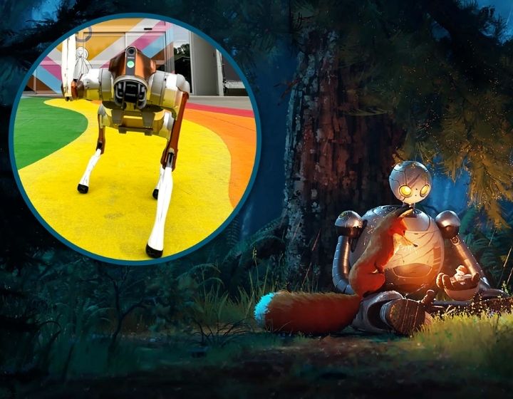 background image: A movie still of a robot sitting by a tree with a fox on their lap and they are holding a baby bird in their hand. On the top left of the photo in a circle is a real robot walking across a rainbow carpet.