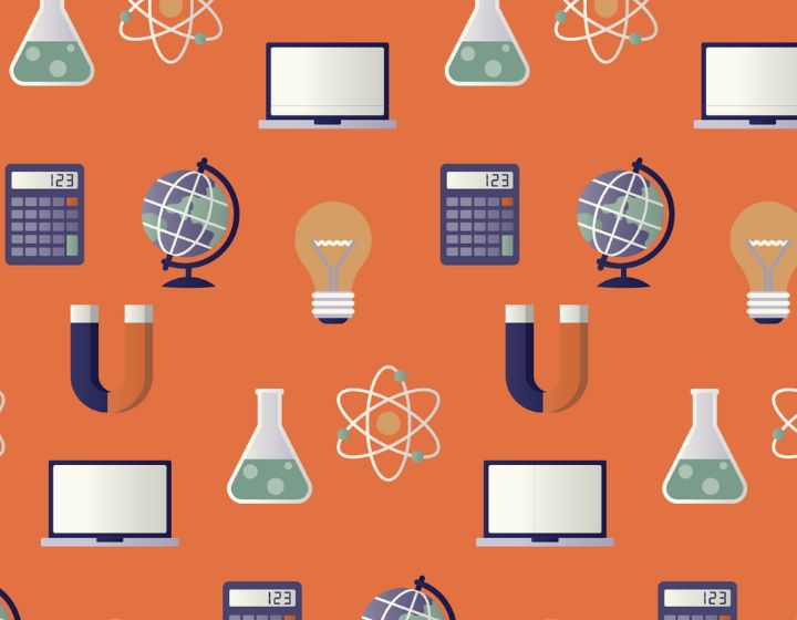 background image: A graphic with science icons like magnets, laptops and calculators.