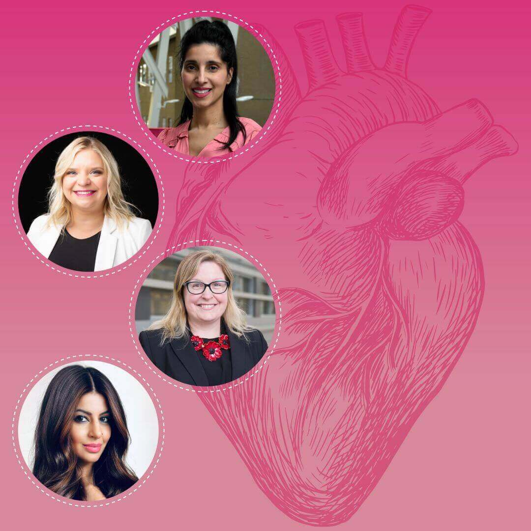 background image: Four portraits of women with a large graphic of a heart in the background.