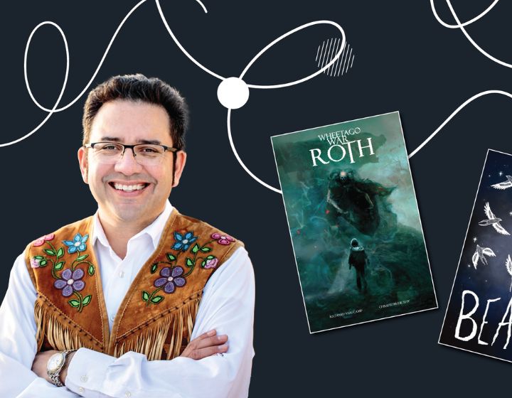 background image: Richard Van Camp with his books BEAST and Wheetago War: ROTH.