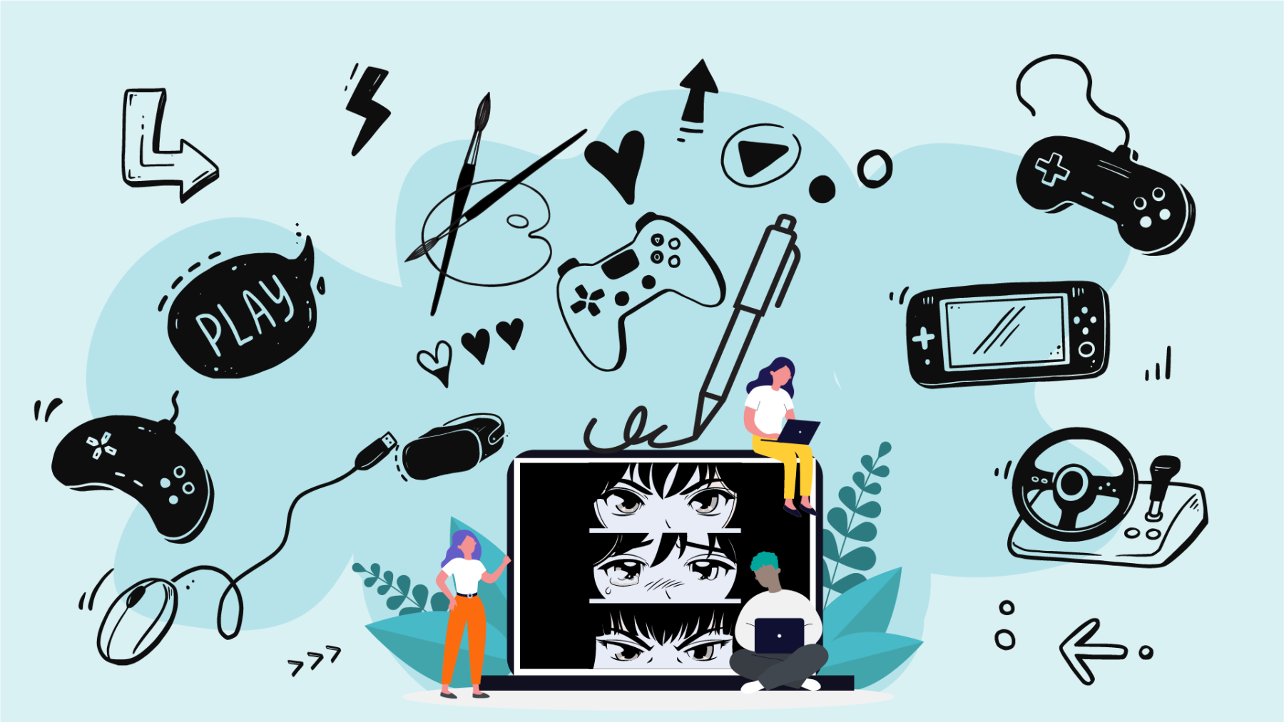 background image: A graphic with three teens sitting around a large laptop with a collage of doodles in the background.