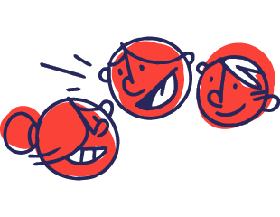 A illustration of three heads. They look like they are coloured in with red felt marker and they are talking with eachother.