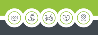 Five icons representing different aspects of health on a green and black background.