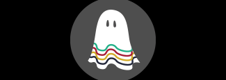 A graphic of a ghost as a sheet with eyes and coloured stripes.