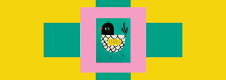 A graphic of a black and yellow bird inside green and pink squares with a yellow background.